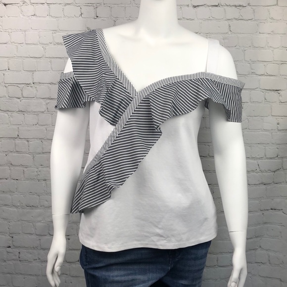 INC International Concepts Tops - INC White & Gray Off Shoulder Top Plus Size 1X